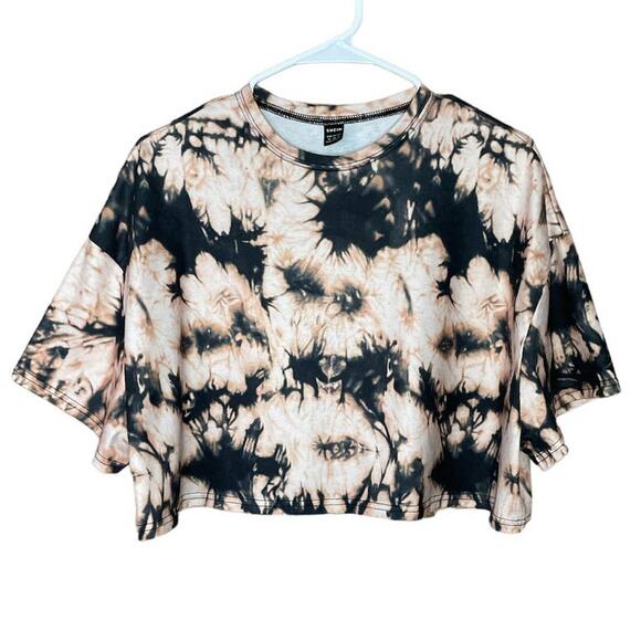 Shein Brown Black Tie Dye Short Sleeve Oversized Crop Top Size Medium - Picture 1 of 6